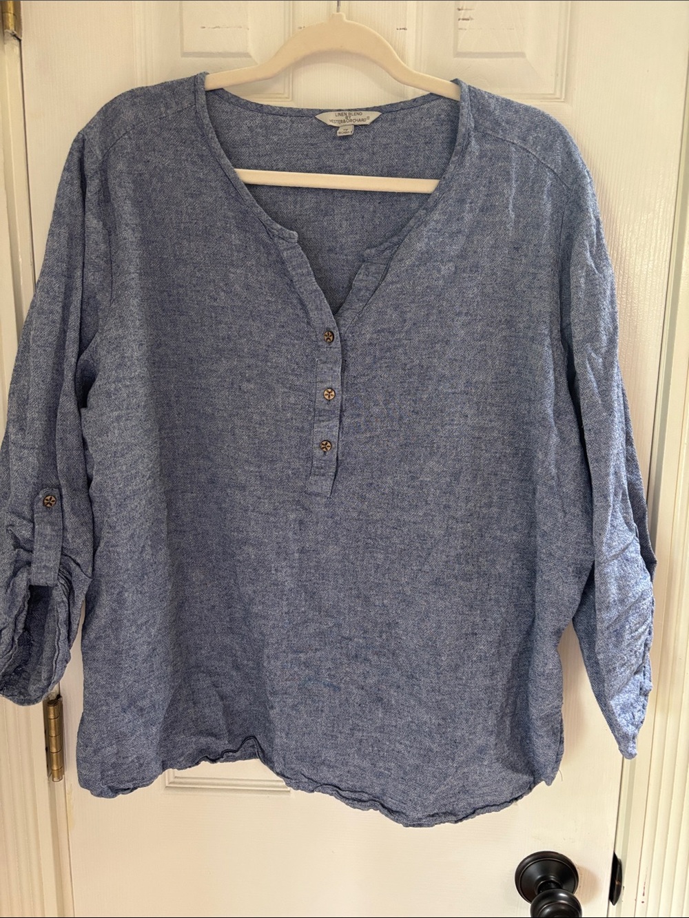 Women's Light Blue Linen and Cotton Henley Tunic Top